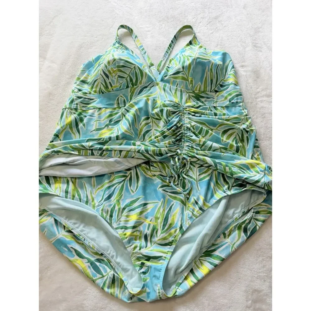 Torrid Size 5X Side Cinch Fitted Swim Dress With Brief Summer Tropical Blue NWOT